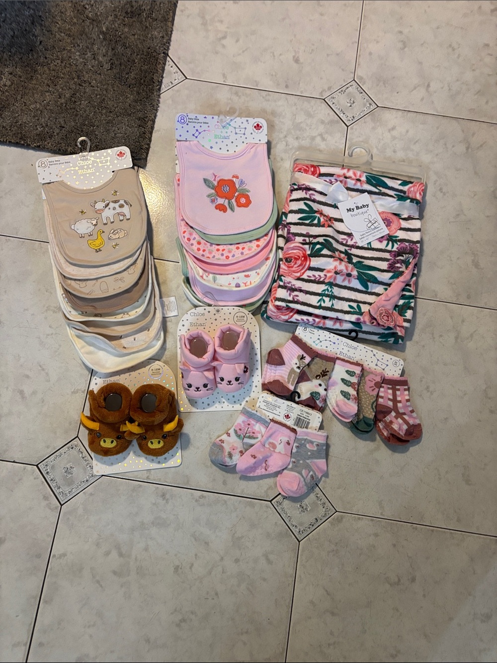 Carter's Pink Floral & Animal Print Baby Bibs Set with Matching Socks